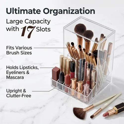 Vista 2 de VORA Soporte para brochas de maquillaje, organizador transparente para brochas de maquillaje con 17 ranuras, inclinable y abierto, agujero grande