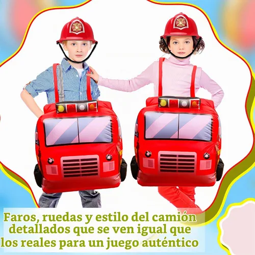 Vista 7 de Disfraz inflable de camión de bomberos de 6 piezas, incluye 1 casco de bombero, 4 accesorios de extinción de incendios para niños y niñas