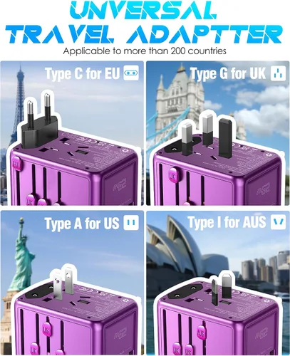 Vista 3 de Adaptador de viaje universal con 3 puertos USB-C + 2 puertos USB-A de carga rápida de 30 W, salida de CA de 2500 W, adaptador de corriente 3 USB