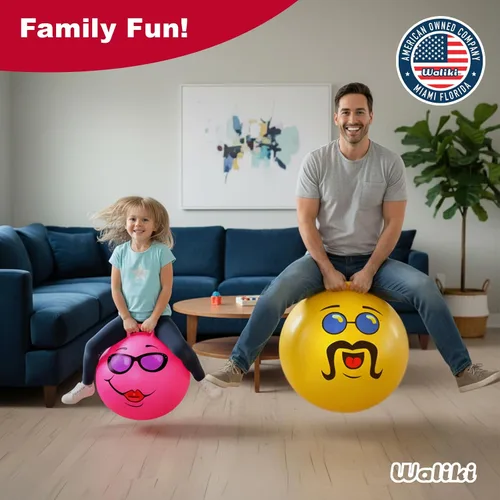 Vista 5 de Pelota Waliki Toys para rebote tamaño adultos (pelota Hippity Hop para saltar con mango, bomba amarilla Incluida), como un jefe
