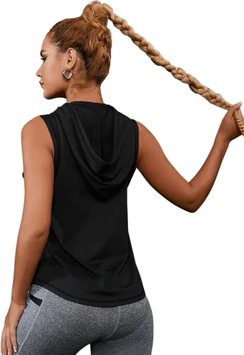 Vista 2 de SweatyRocks Camiseta sin mangas con capucha para mujer, con estampado de letras, de secado rápido