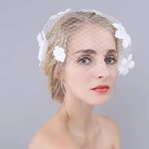 Vista 7 de Beaupretty Velo de malla para novia con flores, tocado de gasa para boda, velo corto, red de pelo de novia, tocado decorativo para fiesta de té