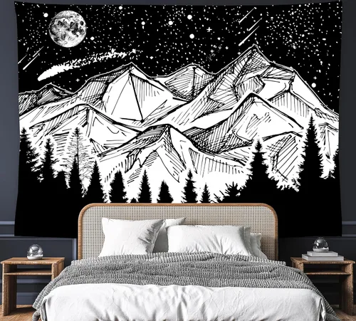 Vista 3 de feelacle Tapiz de luna de montaña, cielo nocturno estrellado, 60 x 40 pulgadas, blanco y negro, decoración de fiesta para dormitorio, sala de estar
