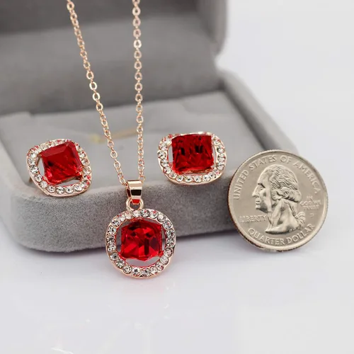 Vista 7 de Uloveido Juego de collar y pendientes de tuerca chapados en oro rosa para mujer, diseño de cubo cuadrado y cristal para boda, fiesta, joyería