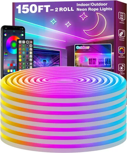 Vista 9 de FBZ Cuerda de luces LED de 32.8 pies, control de luces de neón flexible con aplicación/control remoto, múltiples modos, IP65 RGB para exteriores