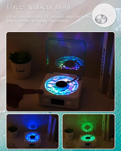 Vista 2 de Waves Altavoz Bluetooth de Vinilo, Estilo Reproductor de Discos de Vinilo con Ruido Blanco de Sonido Oceánico, Altavoces Bluetooth Retro con Luz
