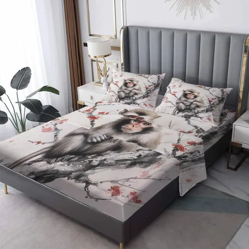 Vista 8 de Juego de sábanas de chimpancé tamaño individual, sábanas de chimpancé, sábanas y fundas de almohada estampadas de 3 piezas, sábana bajera ajustable