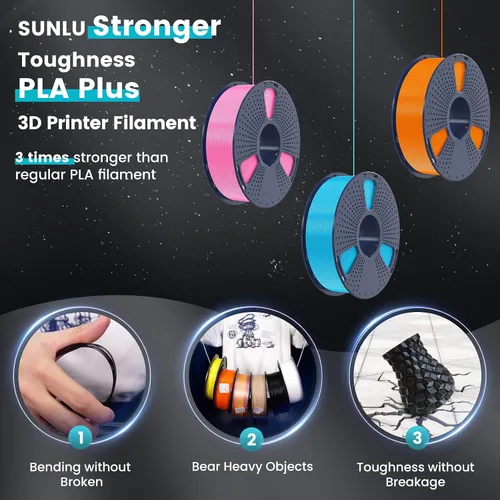 Vista 3 de SUNLU - Filamento PLA Plus para impresora 3D, 1.75 mm, bobina de 1 kg (2.2 lb), enrollado de forma ordenada, precisión dimensional ±0.02 mm