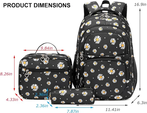 Vista 2 de goldwheat Mochilas impresas margaritas con paquete de almuerzo, estuche de lápices 3pcs, bolsa ligera resistente al agua para la escuela secundaria