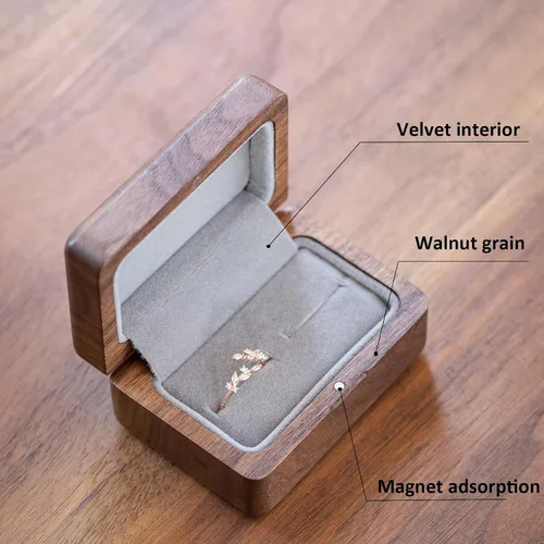 Vista 4 de muso wood Caja de anillo hecha a mano, pequeña caja rectangular para propuestas, caja de anillos de nogal para bodas, mini caja de anillo