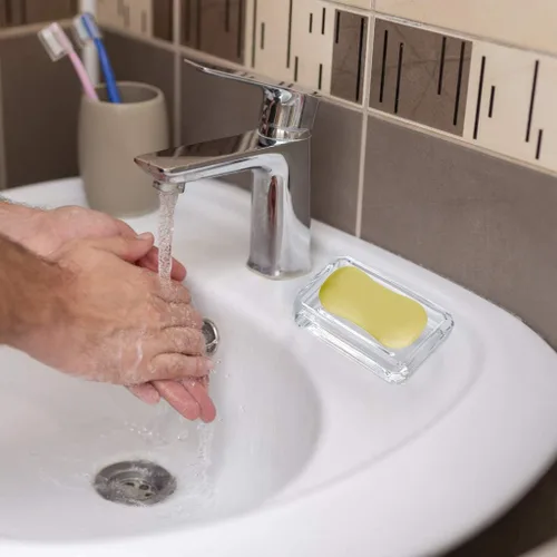 Vista 6 de MDLUU Paquete de 2 jaboneras de vidrio, bandeja decorativa para guardar jabón para ducha, bañera, fregadero de baño, fregadero de cocina (cuadrado)