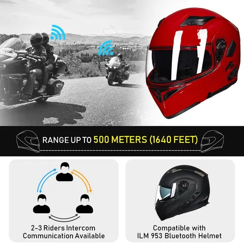 Vista 3 de ILM - Casco de motocicleta con Bluetooth, modular, abatible, de cara completa, doble visera, MP3, intercomunicador, radio FM, aprobado por el DOT