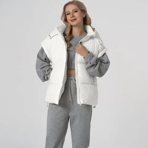 Vista 45 de Shiyifa Chaleco acolchado para mujer, chaqueta de gran tamaño, sin mangas, ligera, con cremallera, con capucha desmontable