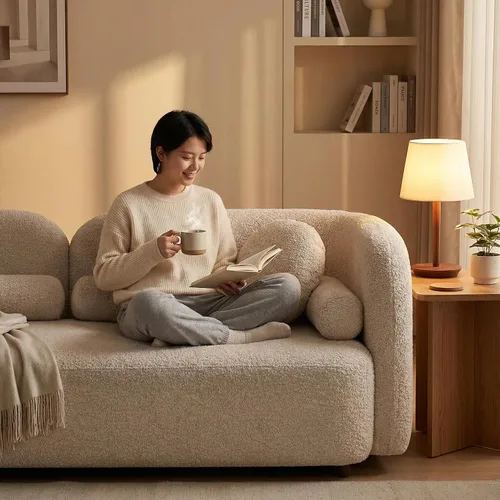 Vista 3 de Sofá curvado compacto de 69 pulgadas para espacios pequeños y apartamentos, sofá boucle de estilo japonés, sofá minimalista de 2 plazas con marco