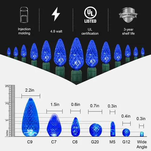 Vista 5 de 70 luces LED C6 de Navidad, 35.5 pies, color azul, para exteriores/interiores, grado comercial, impermeables para fiestas, certificación UL