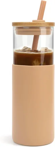 Vista 54 de Tronco Vaso de vidrio de 28 onzas con tapas y pajilla, taza reutilizable para café helado y vaso para batidos con tapa de bambú, funda de silicona