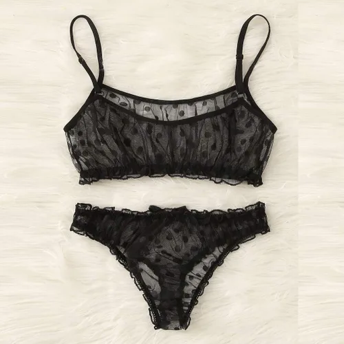 Vista 4 de Lencería sexy para mujer, con malla de puntos, con lazo, ropa interior, ropa interior, ropa interior negra, tallas S-XL