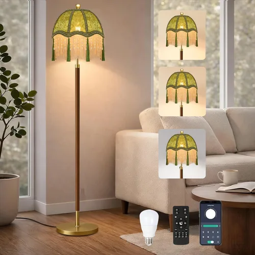 Vista 10 de Lámpara de pie de arco para sala de estar con control remoto, lámparas de pie bohemias de granja con 3 temperaturas de color, lámpara de pie rústica