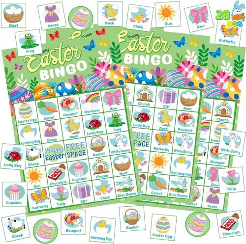 Vista 8 de JOYIN Tarjeta de bingo de Pascua para 28 jugadores (5 x 5) con color azul para niños, niñas y adultos, juegos de Pascua, actividades escolares