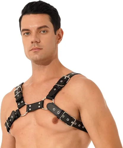 Vista 4 de CHICTRY Arnés de cuero ajustable gótico para hombre, correa para el pecho, cinturón, disfraz, club