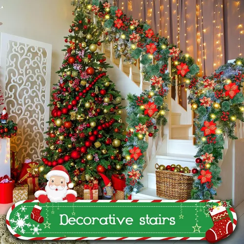 Vista 11 de Guirnalda de Navidad, guirnalda de Navidad con luces, decoración de Navidad, flores artificiales de ratán de 9 pies, decoración de Navidad