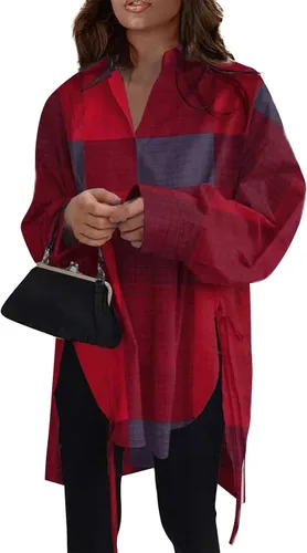 Vista 61 de Camisas de manga larga con botones para mujer, asimétricas, casuales, con cordones, túnica de gran