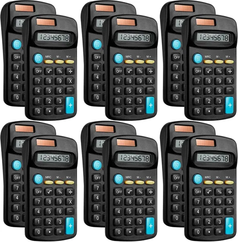 Vista 9 de Paquete de 12 mini calculadoras básicas de tamaño de bolsillo para estudiantes en ángulo de mano, pantalla de 8 dígitos, batería solar, calculadora