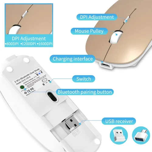 Vista 6 de ElizaHelen Wireless Bluetooth Mouse Dual Mode Slim Rechargeable Wireless Silent Mouse 24G Portable USB Optical Wireless Computer Mice with USB