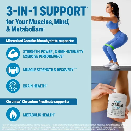 Vista 3 de Orgain Polvo muscular magro de monohidrato de creatina micronizada con mezcla de metabolismo, sin sabor, 50 porciones, apoya la fuerza muscular
