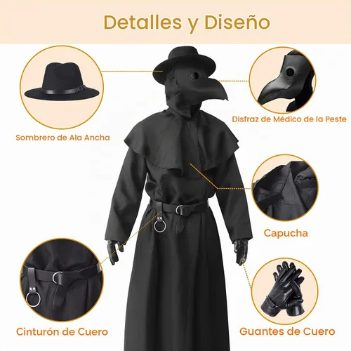 Vista 4 de ATTBEA Disfraz de Halloween compatible con médicos de la peste con máscara de pico de pájaro, bata negra con capucha