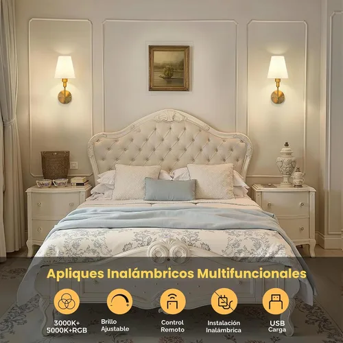 Vista 2 de Aplique de pared a pilas: juego de 2 lámparas de pared inalámbricas Oro