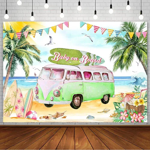 Vista 9 de AIBIIN Telón de fondo para baby shower de bebé a bordo de 7 x 5 pies para niño, tropical, verano, mar, playa, baby shower, fotografía, fondo