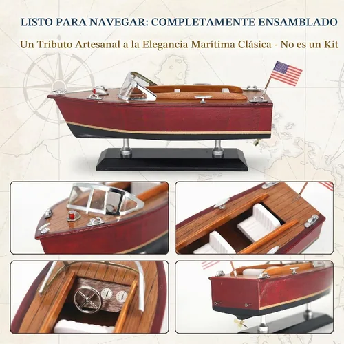 Vista 3 de Modelo de lancha rápida de madera, decoración clásica de barco Runabout de 10 pulgadas