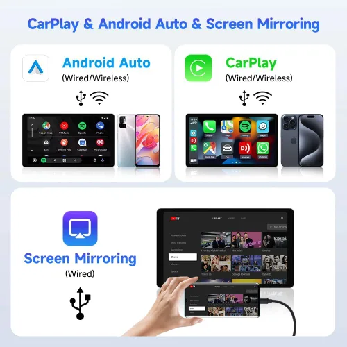 Vista 6 de CarlinKit Adaptador inalámbrico de coche CarPlay para radio de coche Android, Android Auto inalámbrico y Apple CarPlay 2 en 1, bajo consumo
