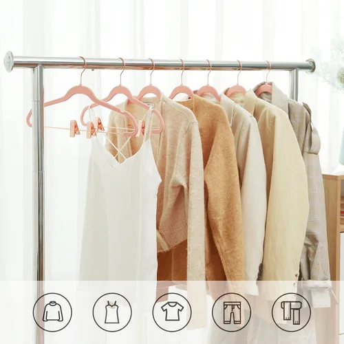 Vista 2 de SONGMICS Paquete de 24 Perchas para Pantalones, Perchas para Abrigos de 16.7 Pulgadas con Clips Móviles de Color Oro Rosa, Resistentes