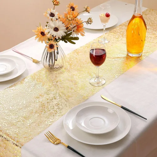Vista 5 de Tatuo 3 piezas de camino de mesa dorado con brillo metálico, camino de mesa metálico con brillo con rollo rectangular de poliéster para decoración