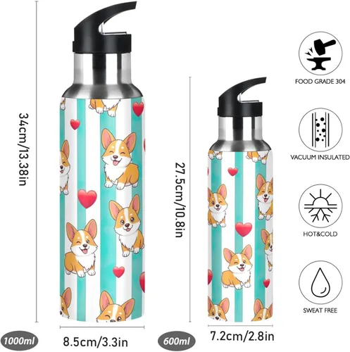 Vista 2 de Insulated Water Bottle 32 Oz, BPA-Free Sports Water Bottle with Straw for Gym Outdoor Travel School, Cute Dogs Aqua White