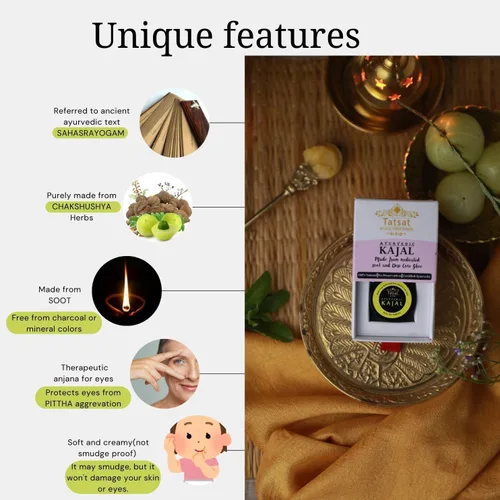Vista 4 de TATSAT - WELLNESS THROUGH AYURVEDA Baby Kajal, natural, herbal y ayurvédico con hollín medicado y ghee de vaca Desi, seguro para bebés, probado