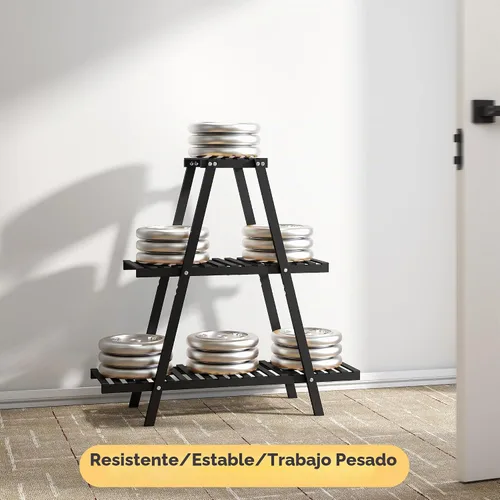 Vista 9 de Soporte de bambú para plantas interior/exterior, 3 niveles, negro, rectangular, 8 macetas para flores, estante para plantas