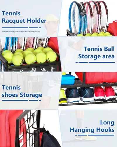 Vista 5 de Mythinglogic Estante de almacenamiento para bolsas de tenis, raqueta de tenis y organizador de pelotas, soporte para equipo de tenis para garaje