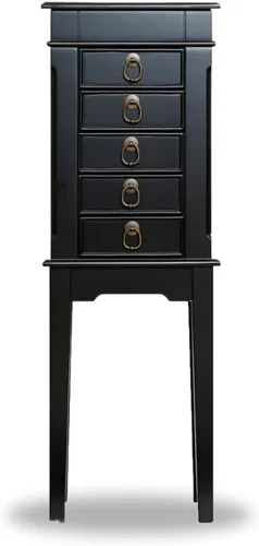 Vista 2 de Hives and Honey Kennedy Jewelry Armoire - Moderno organizador de almacenamiento de madera con ganchos para collares, 5 cajones y espejo de tocador