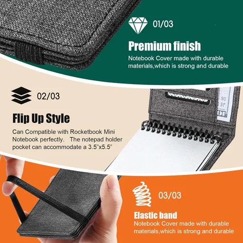 Vista 5 de Funda para Cuaderno para Rocketbook Mini y Field Notes con Espiral Superior (3.5"x5.5") - Estuche Resistente al Agua con Soporte para Bolígrafo