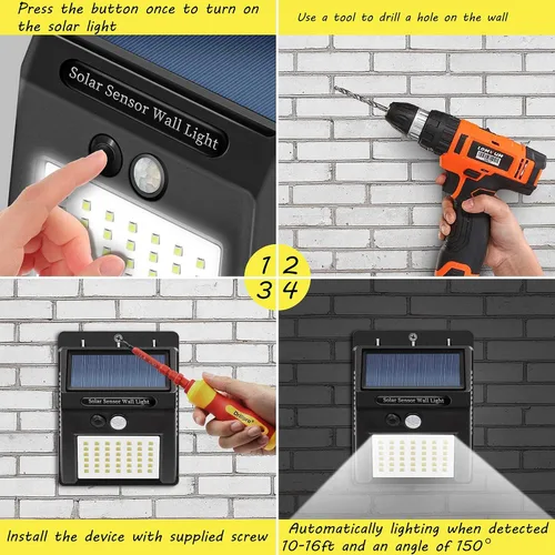 Vista 4 de Luces solares con sensor para exteriores, 30 LED, inalámbricas, impermeables, de seguridad, con sensor de movimiento solar, luces de pared