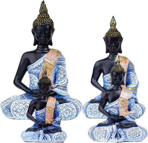 Vista 7 de Escultura meditadora de Buda Polystone, estatuas de Buda pintadas a mano, estatuas de Buda para el hogar, decoración de meditación, decoración Azul