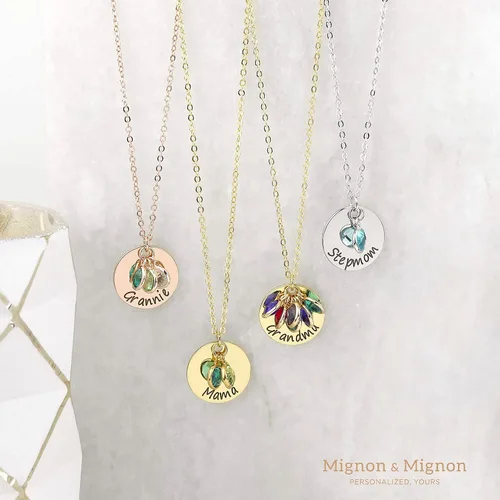Vista 2 de MignonandMignon Birthstone Disc Necklace Personalized Gift for Her Birthstone Amethyst Raw Stone Gift for Grandma - LCN-BS