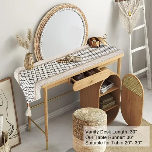 Vista 8 de yuboo Camino de mesa bohemio con extremo triangular, caminos de mesa pequeños de 36 pulgadas, cubierta de tocador de macramé para mesita de noche