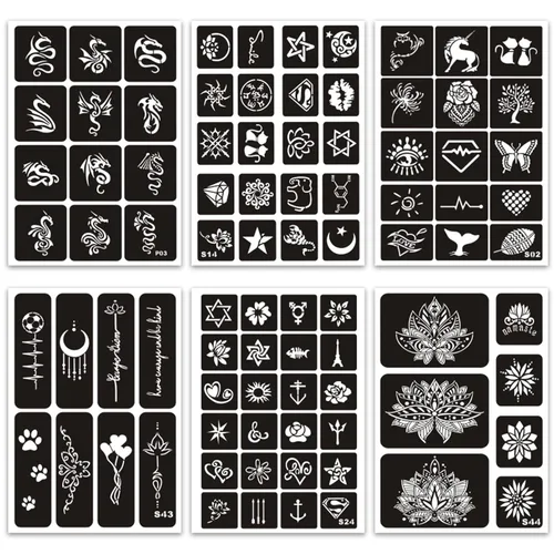 Vista 2 de Plantillas temporales de tatuaje para mujeres, niñas y niños, más de 410 piezas, kit de plantillas de tatuaje de henna, plantillas temporales