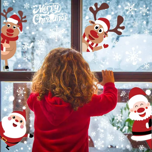 Vista 6 de LOMIMOS 107 calcomanías de Navidad para ventana, copos de nieve, reno, Papá Noel, para suministros de decoración de fiestas