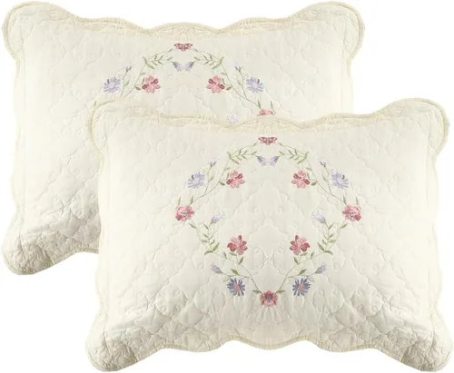 Vista 13 de vctops Juego de 2 fundas de almohada elegantes bordadas con flores, tamaño Queen, 100% algodón, decorativas, acolchadas (azul, 20 x 26 pulgadas)