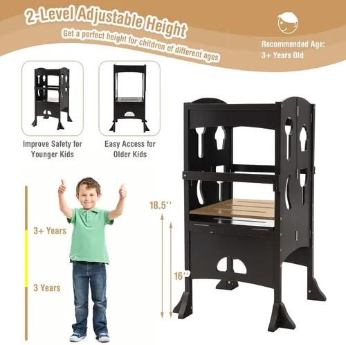 Vista 4 de HONEY JOY Taburete de cocina para niños pequeños, torre de pie de madera con barandilla de seguridad, taburete de aprendizaje plegable Montessori